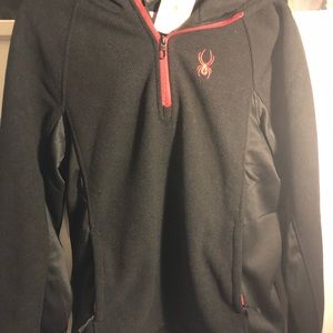 BNWT Mens Spyder 1/4 zip hoodie, sweater jacket style med size, blk w red accent